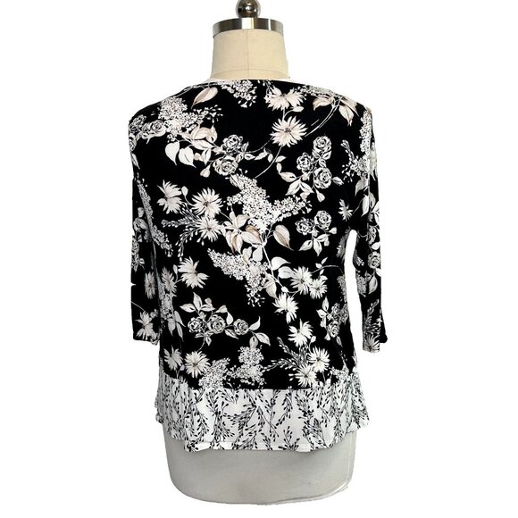 J. Jill - Women's M Tunic Top Stretch Black White Brown Floral Crewneck Petite - Picture 5 of 13